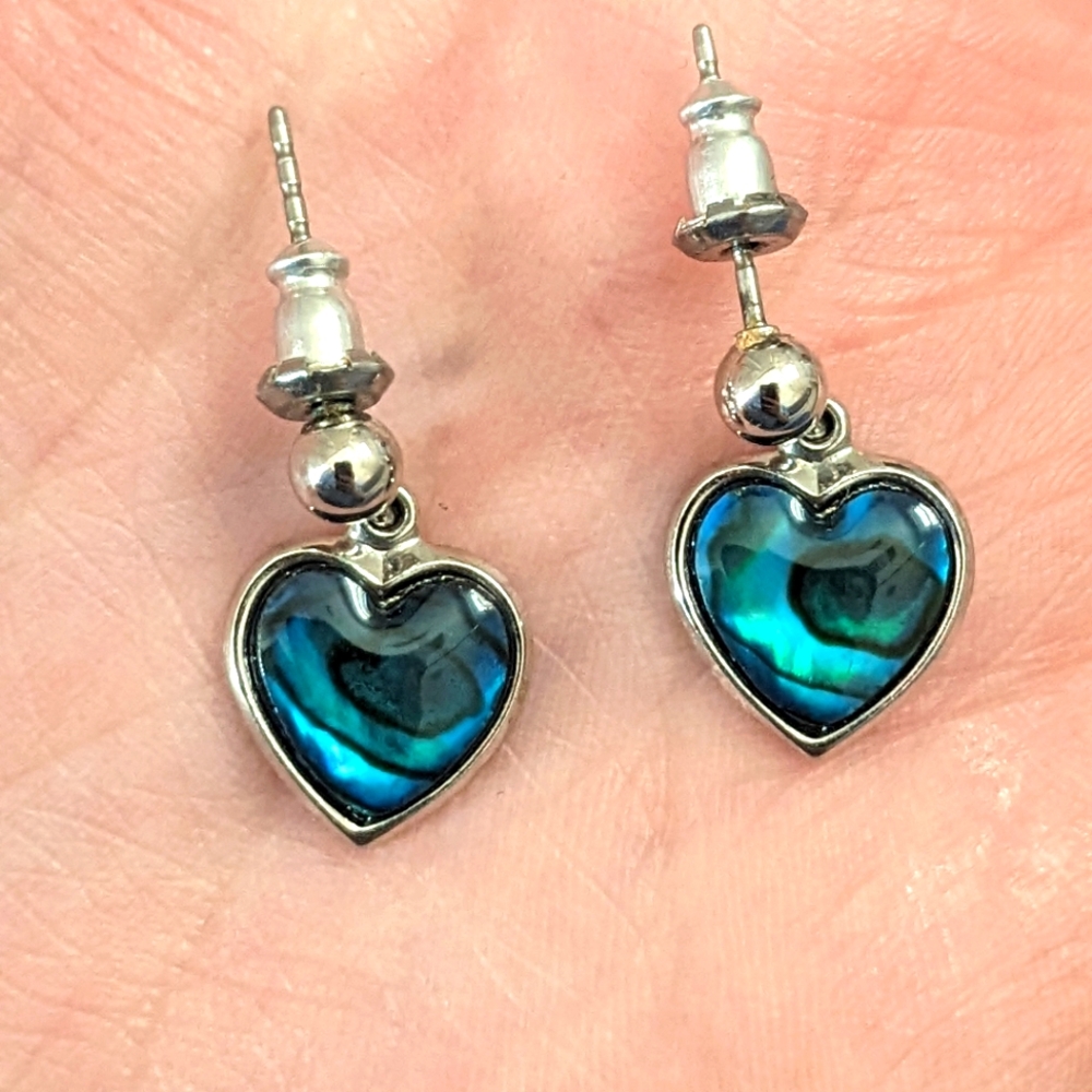 Sterling Silver Heart-Shaped Blue Green Stone Dangling Earrings